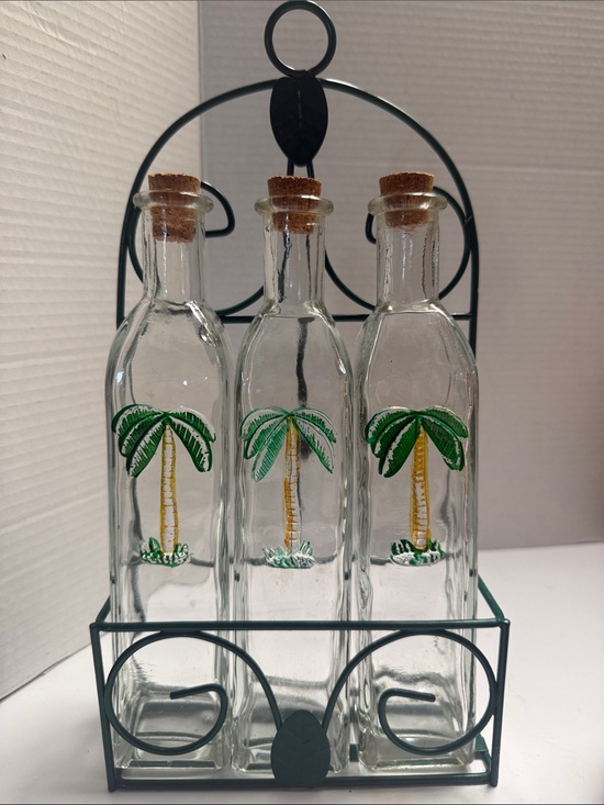 Other - Palm Tree Glass Bottle Set with Metal Carrier - Clear, Green, Yellow